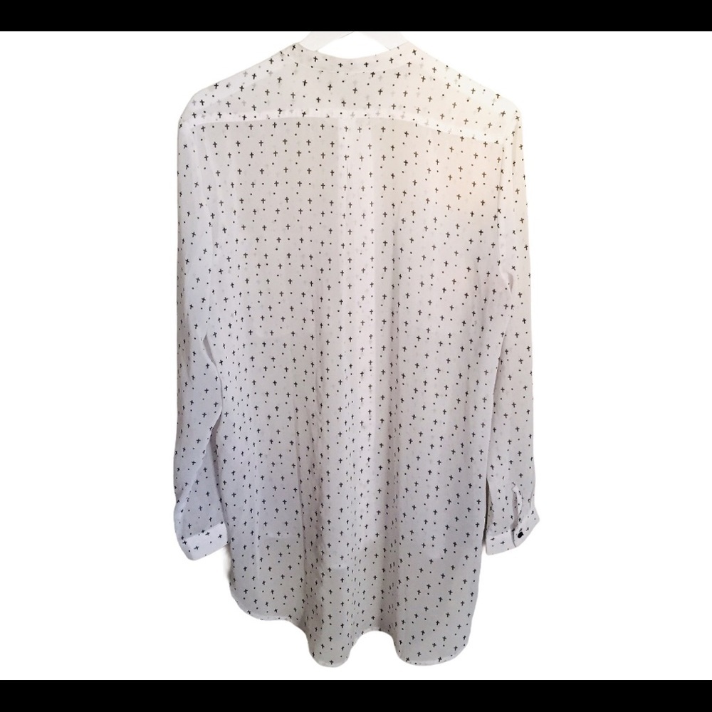 TWIK by Simons Dainty Cross Print Button Down Collarless Blouse Ivory Large - Picture 11 of 12